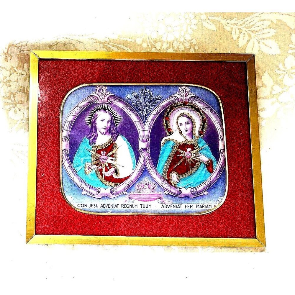 VTG Sacred Heart of Jesus & Heart of Mary Print Ornate Light Wire Doesn' t Work